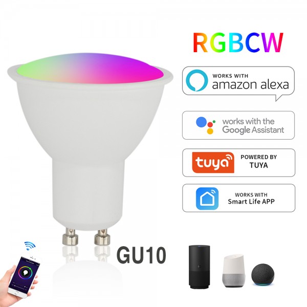 Tuya WiFi smart spotlight GU10 5W rgbcw mobile app dimming and color matching support Alexa speaker control